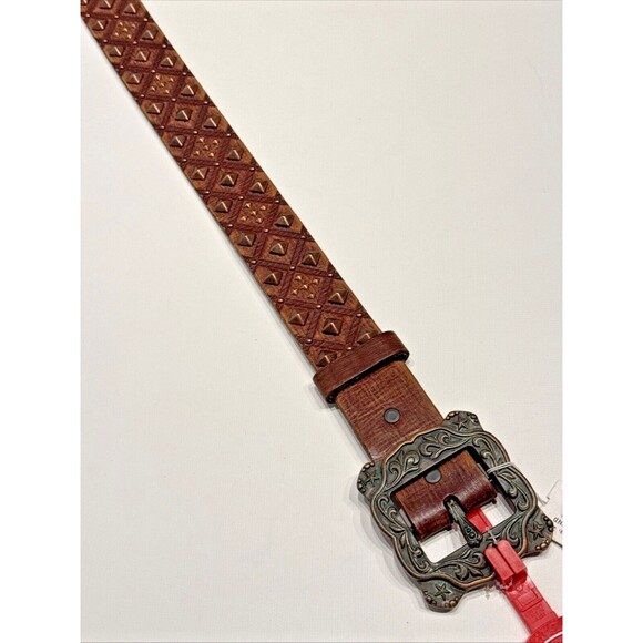 NWT $74 Justin Rough Diamond Studded Western Belt Brown Leather Women’s Size 30 - Picture 4 of 11